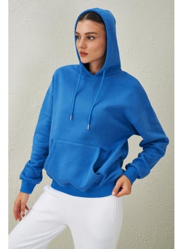 Tena Women's Blue Three Thread Rose Gold Kangaroo Pocket Hooded Sweatshirt  - Image 2
