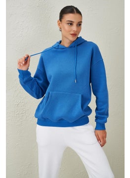 Tena Women's Blue Three Thread Rose Gold Kangaroo Pocket Hooded Sweatshirt  - Image 4