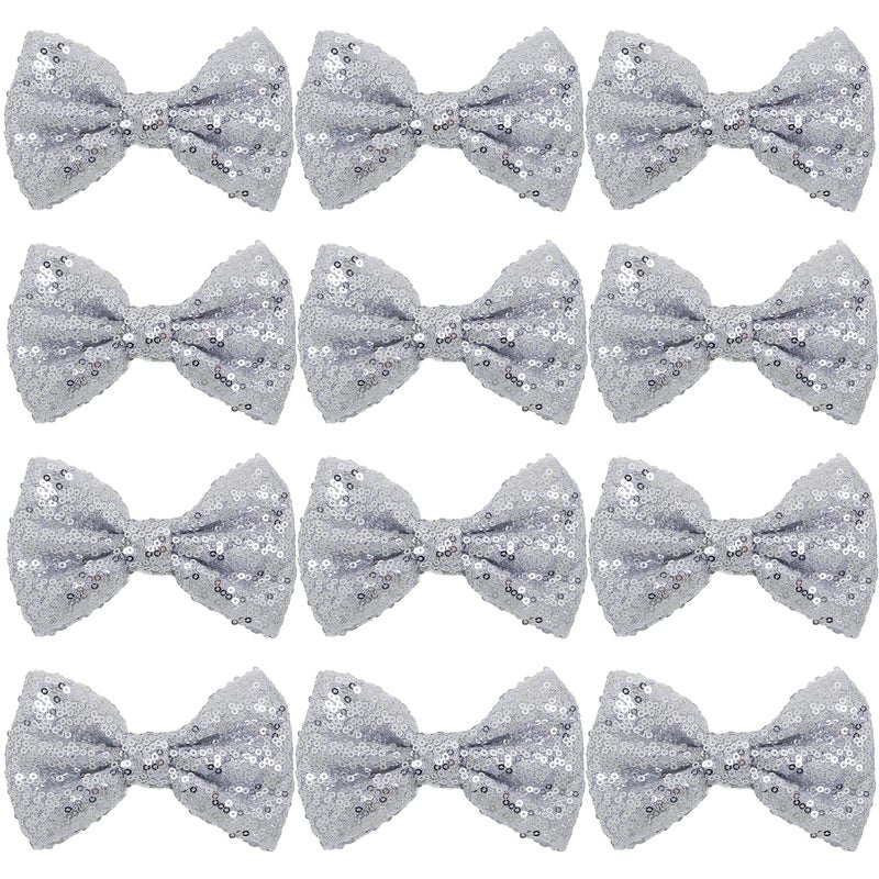 12 Pieces Sequin Bows for Girls 47 Large Cheer Hair Bow with Alligator Clips Hair Accessories for Kids Toddler Cheerleaders Teen Girls College Sports Silver