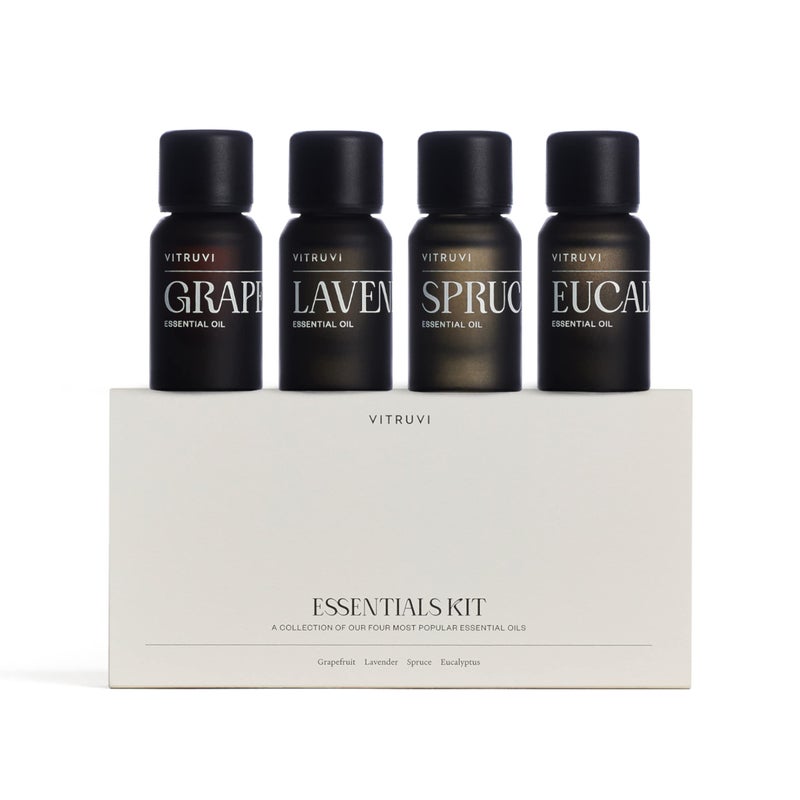 Vitruvi Essentials Kit, Essential Oil Starter Kit, 100% Pure Lavender, Eucalyptus, Grapefruit, Spruce, Essential Oil Set | Essential Oils for Diffusers Aromatherapy 4X 10ml (0.3 fl.oz), 4 Count - Image 1