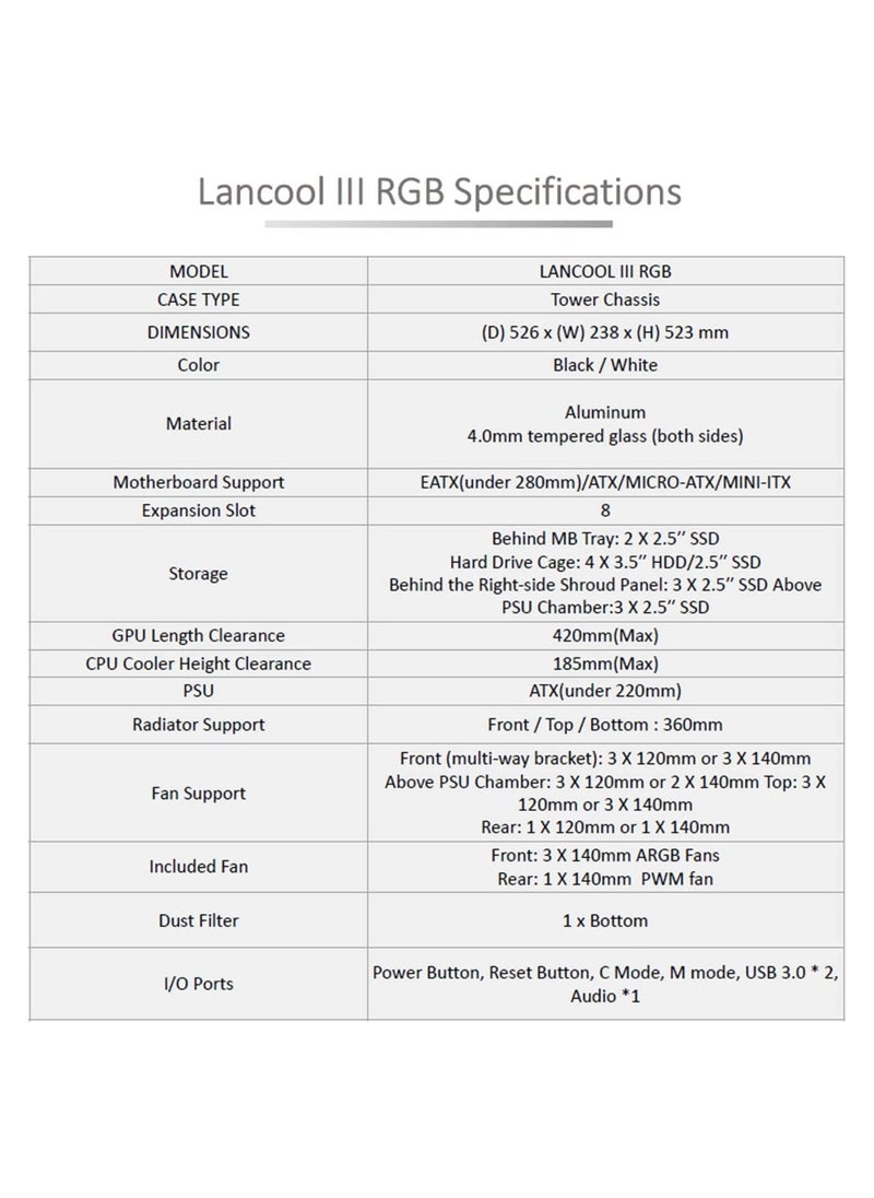 LIAN LI - LIAN LI Lancool III RGB Black Aluminum/SECC/Tempered Glass Gaming Case with 4 × 140 PWM Fans (ARGB) - LANCOOL 3R-X - Image 1