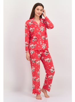 Carole Hochman Women 2 Pieces Floral Print Top And Pajama Set, Red Combo  - Image 1