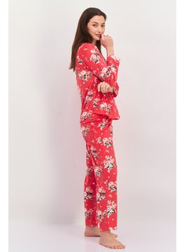 Carole Hochman Women 2 Pieces Floral Print Top And Pajama Set, Red Combo  - Image 4
