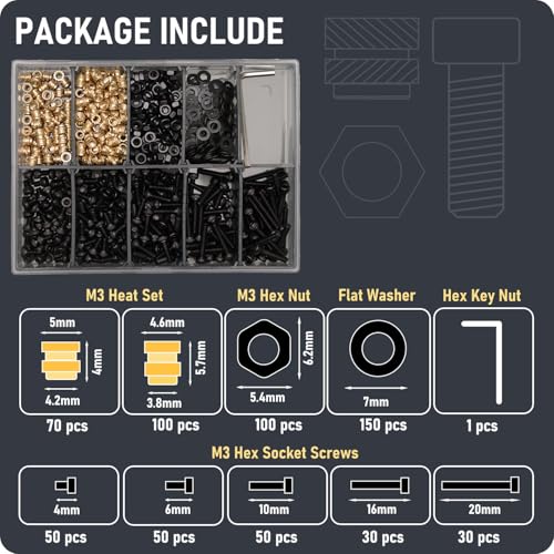 QeeaHuuo 630Pcs M3 Threaded Insert Assortment Kit – Heat Set Inserts, Hex Nuts, Washers, Socket Head Cap Screws – M3 Fasteners for 3D Printing, Compatible with PLA/ABS, Organized in Plastic Box - Image 2