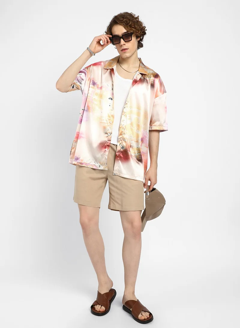 Campus Sutra Men's Cantaloupe Orange & Amethyst Purple Abstract Sheen Oversized Shirt
