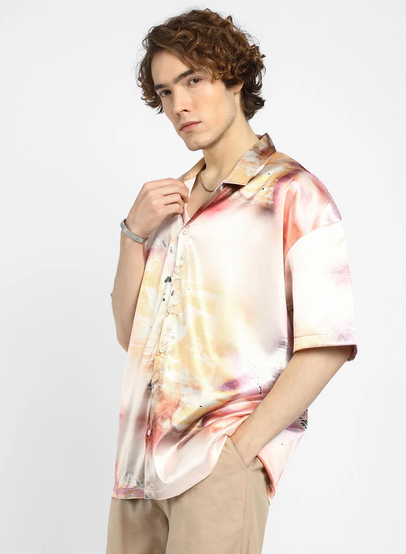 Campus Sutra Men's Cantaloupe Orange & Amethyst Purple Abstract Sheen Oversized Shirt