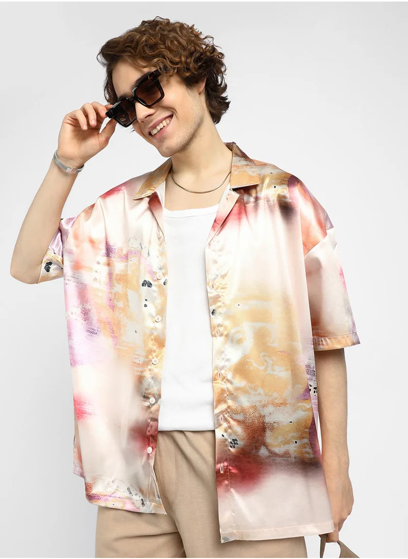 كامبوس سوترا Men's Cantaloupe Orange & Amethyst Purple Abstract Sheen Oversized Shirt
