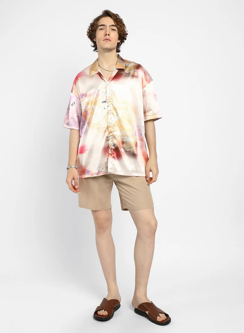 Campus Sutra Men's Cantaloupe Orange & Amethyst Purple Abstract Sheen Oversized Shirt