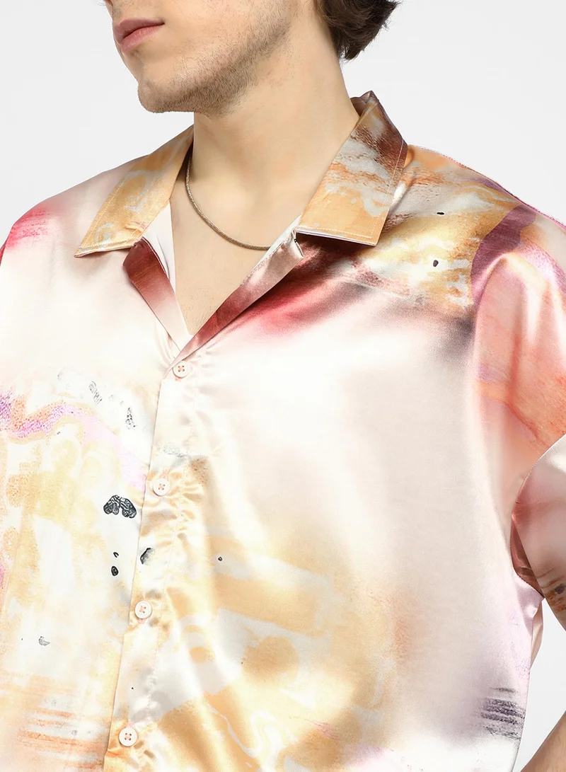 Campus Sutra Men's Cantaloupe Orange & Amethyst Purple Abstract Sheen Oversized Shirt