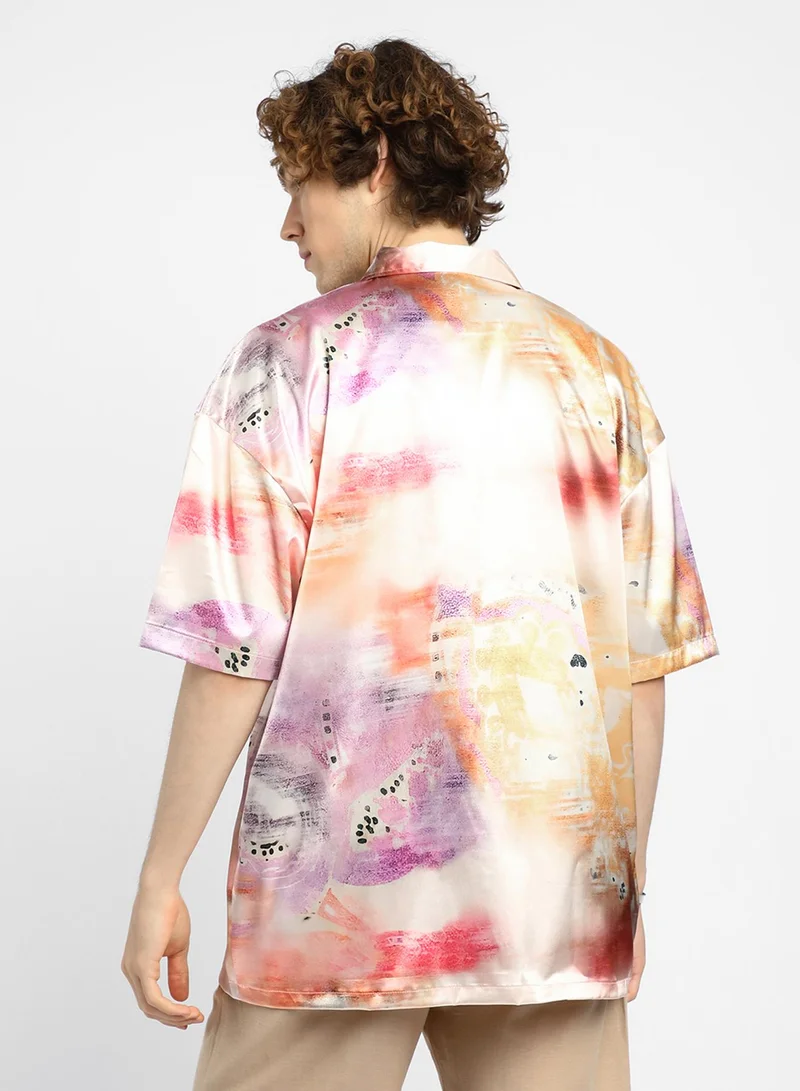 Campus Sutra Men's Cantaloupe Orange & Amethyst Purple Abstract Sheen Oversized Shirt