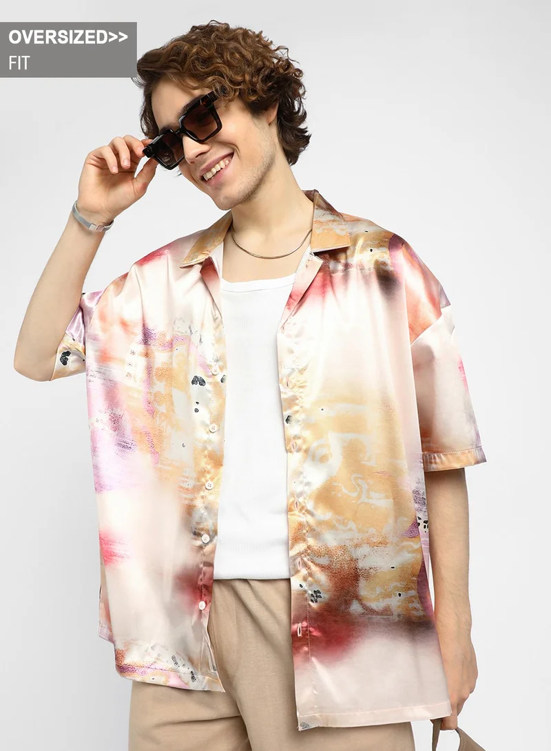 Campus Sutra Men's Cantaloupe Orange & Amethyst Purple Abstract Sheen Oversized Shirt