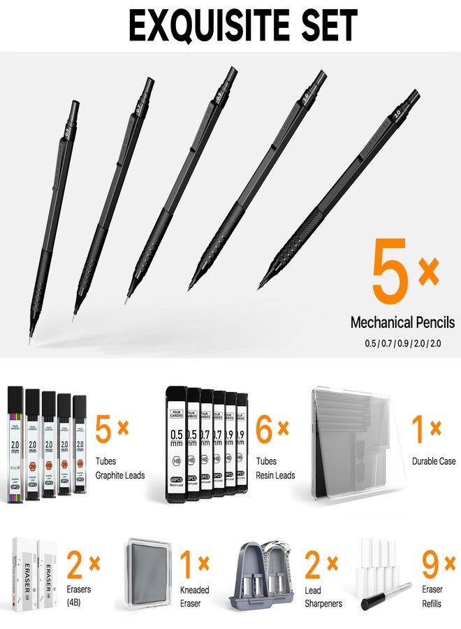 Four Candies Metal Mechanical Pencil Set, 3PCS Art Drafting Pencils 0.5, 0.7, 0.9MM & 2PCS 2MM Mechanical Drawing Pencils with 420PCS Leads (4B 2B HB 2H Color) for Writing Sketching Drawing (Black) - Image 5