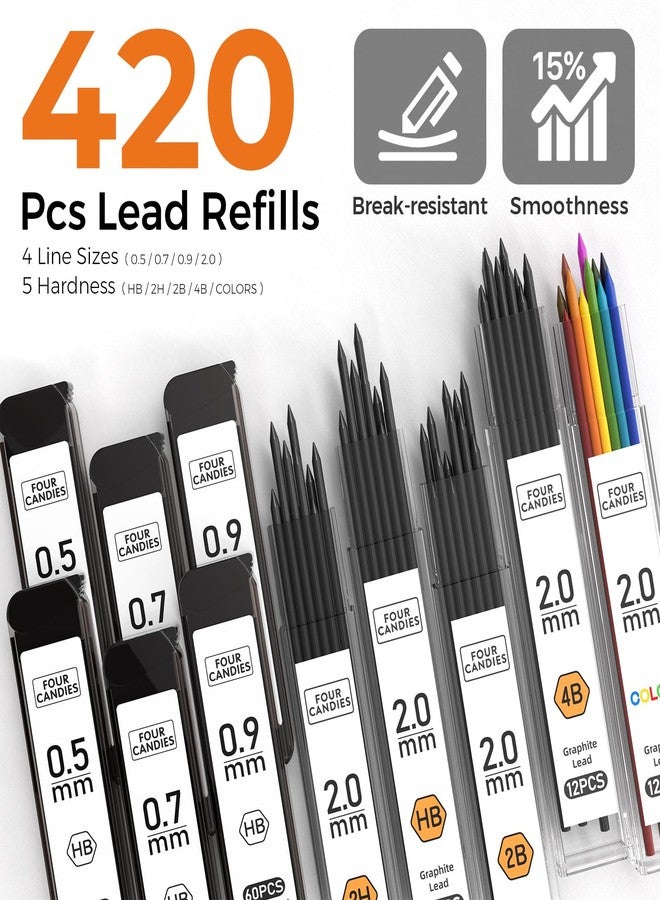 Four Candies Metal Mechanical Pencil Set, 3PCS Art Drafting Pencils 0.5, 0.7, 0.9MM & 2PCS 2MM Mechanical Drawing Pencils with 420PCS Leads (4B 2B HB 2H Color) for Writing Sketching Drawing (Black) - Image 4