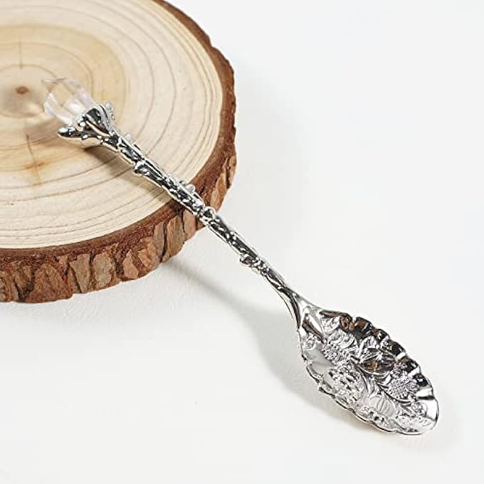 ريحني ملاعق كريستالية منحوتة قديمة وزينة قديمة بالقهوة المتحركة، ملاعق الحلويات، ملعقة آيس كريم برأس كريستال أبيض لمقهى أواني المائدة الفضية - Image 3
