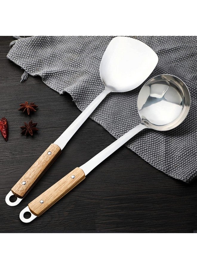 Naidev 2 Piece Kitchen Cooking Stainless Steel Utensils Set Wooden Handle Cooking Tools Gadgets Spatula Set Hook,Shovel,Ladle.(LADLE+Spatula, 2) - Image 1