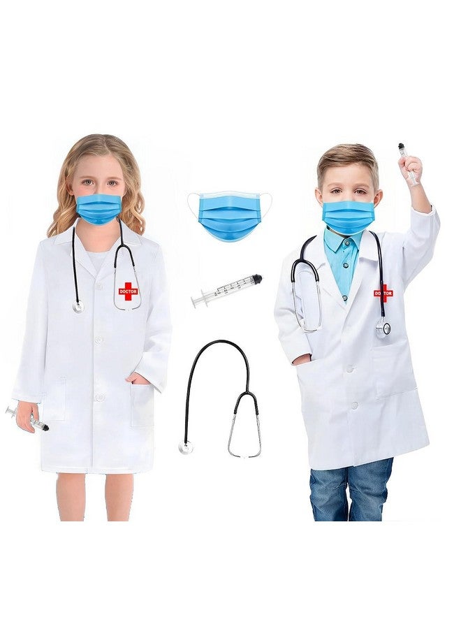 Dress To Impress Dc1003 Unisex Kids Doctor Coat Costumes Dress For Boys & Girls Set Of 4 (Doctor Coat, Stethoscope, Injections & Surgical Masks) - Polyester, White  - Image 1