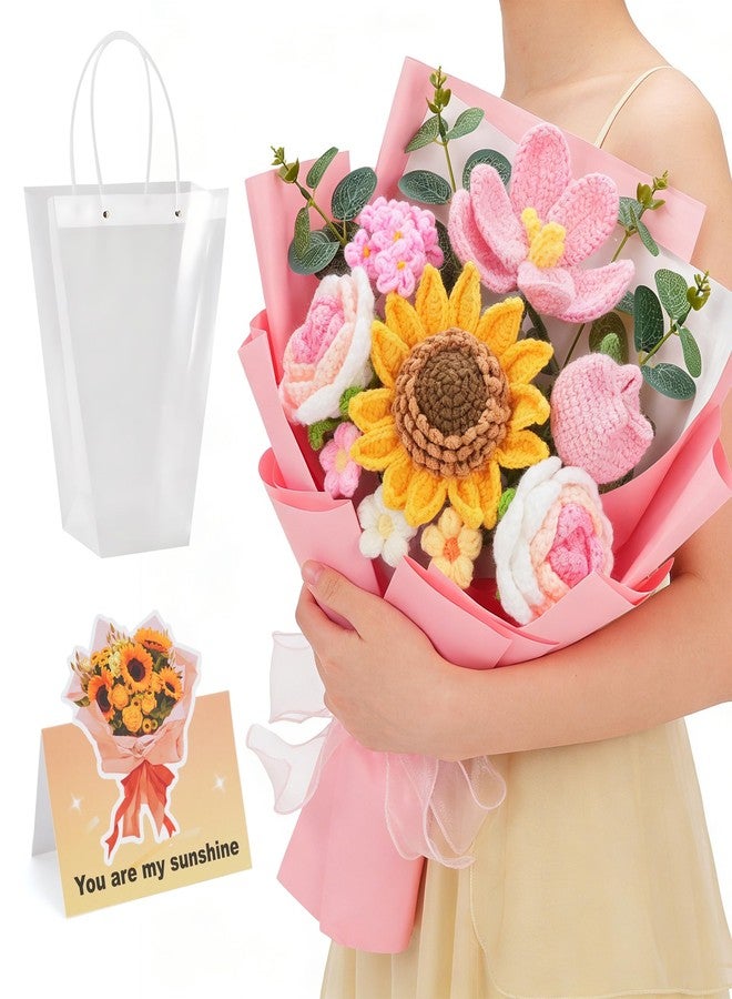 LETAAKA Crochet Flower Bouquet - Handmade Knitted Sunflower Crochet Flowers, Pink Crochet Bouquet Gift for Mom, Wife, Women, Mother's Day, Birthday, Graduation, Teacher Gifts with Gift Bag & Card - Image 1
