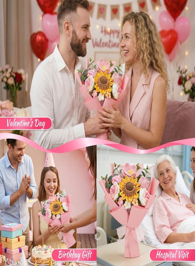 LETAAKA Crochet Flower Bouquet - Handmade Knitted Sunflower Crochet Flowers, Pink Crochet Bouquet Gift for Mom, Wife, Women, Mother's Day, Birthday, Graduation, Teacher Gifts with Gift Bag & Card - Image 3