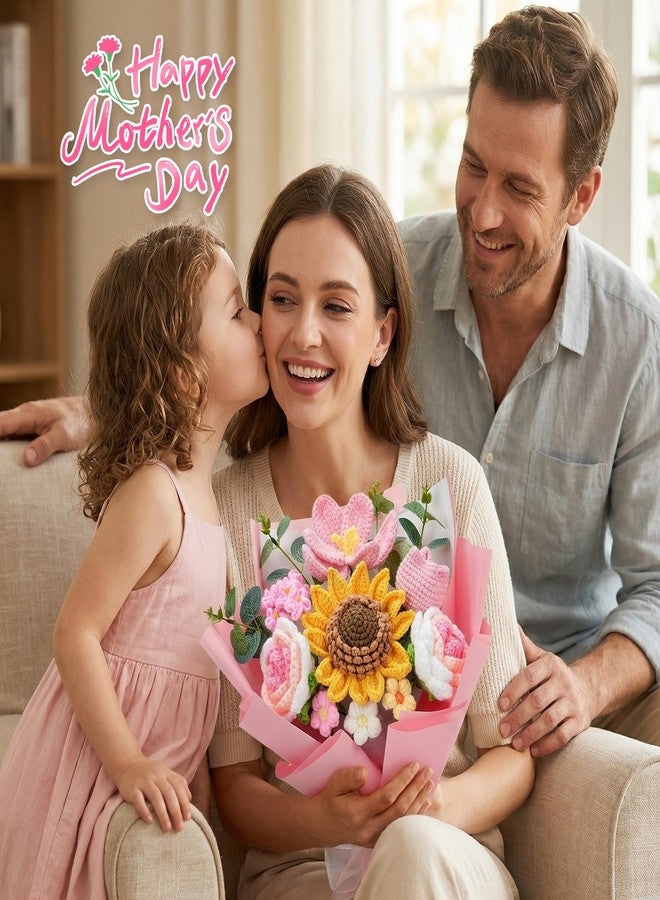 LETAAKA Crochet Flower Bouquet - Handmade Knitted Sunflower Crochet Flowers, Pink Crochet Bouquet Gift for Mom, Wife, Women, Mother's Day, Birthday, Graduation, Teacher Gifts with Gift Bag & Card - Image 2
