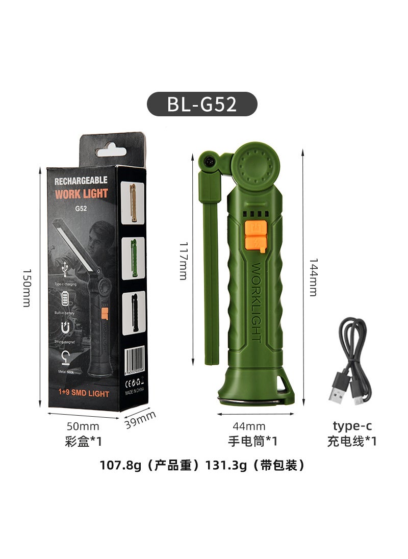 Generic Multifunction COB LED Worklight with Magnet and Warning Red Light G52-Army green large size without red light 