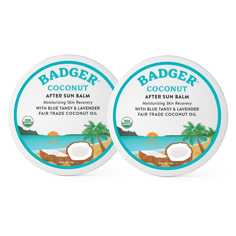 Badger Badger Coconut AfterSun Balm 100 Organic Soothing Sunburn Relief Great Smelling Moisturizing  Hydrating After Sun Skin Care 2 oz Tin 2Pack 