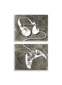 Stupell Industries Kids' Entertainment Accessories Rustic Headphones Video Game Controller, Designed By Daphne Polselli Wall Plaque, 19 X 13, White  - Image 1