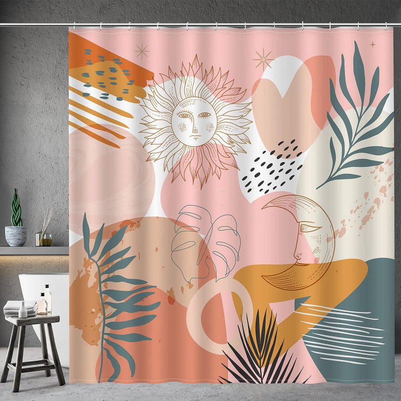 Aimego Boho Shower Curtain Modern Abstract Minimalist Sun Moon Plant Leaves Bohemian Shower Curtain Set with 12 Hooks for Bathroom Decor 72x72