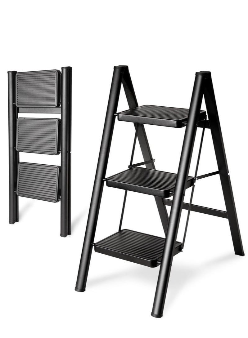 WALALLA Steps Ladder,Aluminum Folding Step Stool with Anti-Slip Sturdy and Wide Pedal Light weight, Portable Multi-Use Stepladder for Home and Kitchen Use Space Saving (Black, 3 Steps) - Image 1