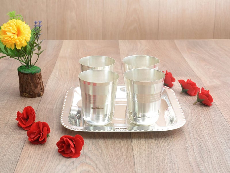 GoldGiftIdeas Four Silver Plated Pari Glass Set with Tray, Silver Plated Gift Items, Return Gift for Housewarming, Glass Set for Water, Set of 4 - Image 2