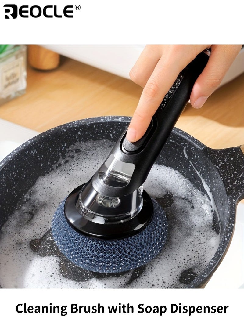 ريوكل فرشاة أواني مع موزع صابون فرشاة تنظيف غير كهربائية للمقالي والأوعية والموقد والحوض أداة تنظيف صوف فولاذي سهلة التنظيف للأسطح غير اللاصقة - Image 1