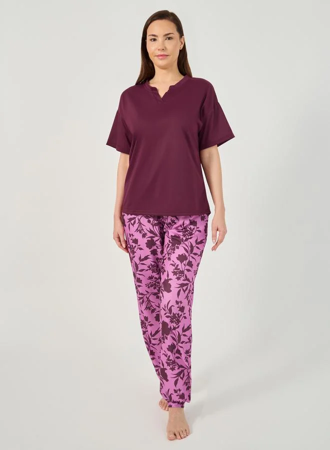 Styli Notch Neck Drop Shoulder T-Shirt and Pyjama Set