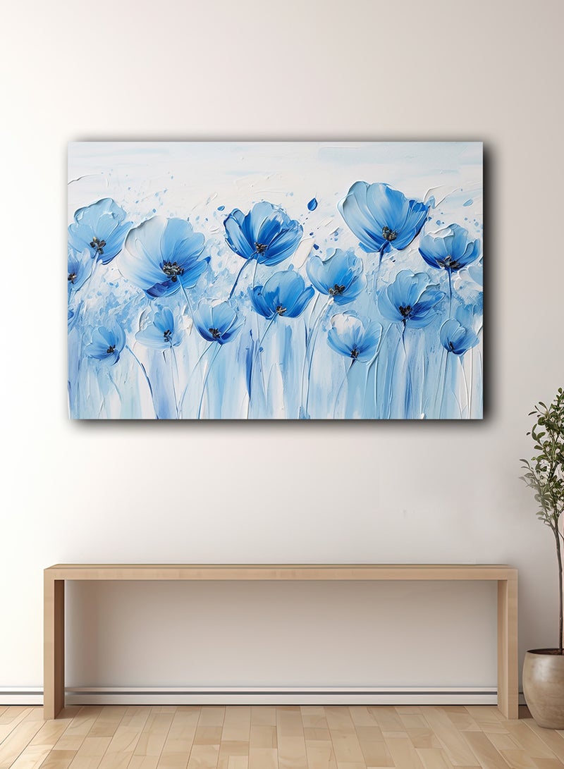 لوحة كانفاس على إطار خشبي بتصميم فن تجريدي للأزهار الزرقاء - Image 1