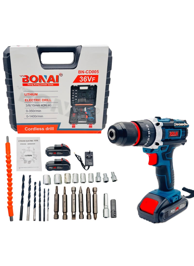 BONAI BONAI 36VF Cordless Electric Drill, 40N.m Torque, 3/8" (10mm) Chuck, 2-Speed 0-350/1400 RPM, Lithium-Ion Battery Powered, Compact Power Drill Set CD005  - Image 1