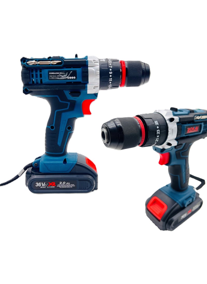 BONAI BONAI 36VF Cordless Electric Drill, 40N.m Torque, 3/8" (10mm) Chuck, 2-Speed 0-350/1400 RPM, Lithium-Ion Battery Powered, Compact Power Drill Set CD005  - Image 4