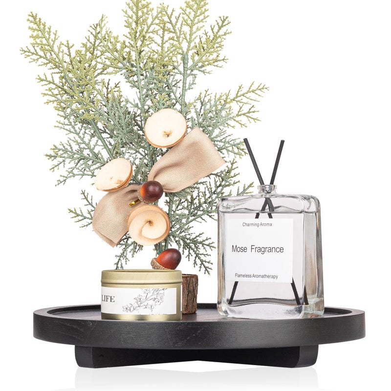 Round Decorative Tray Wood Bathroom Counter Organizer Farmhouse Kitchen Decor Wooden Riser for Soap Dish Perfume Candle Sponge 10 Black