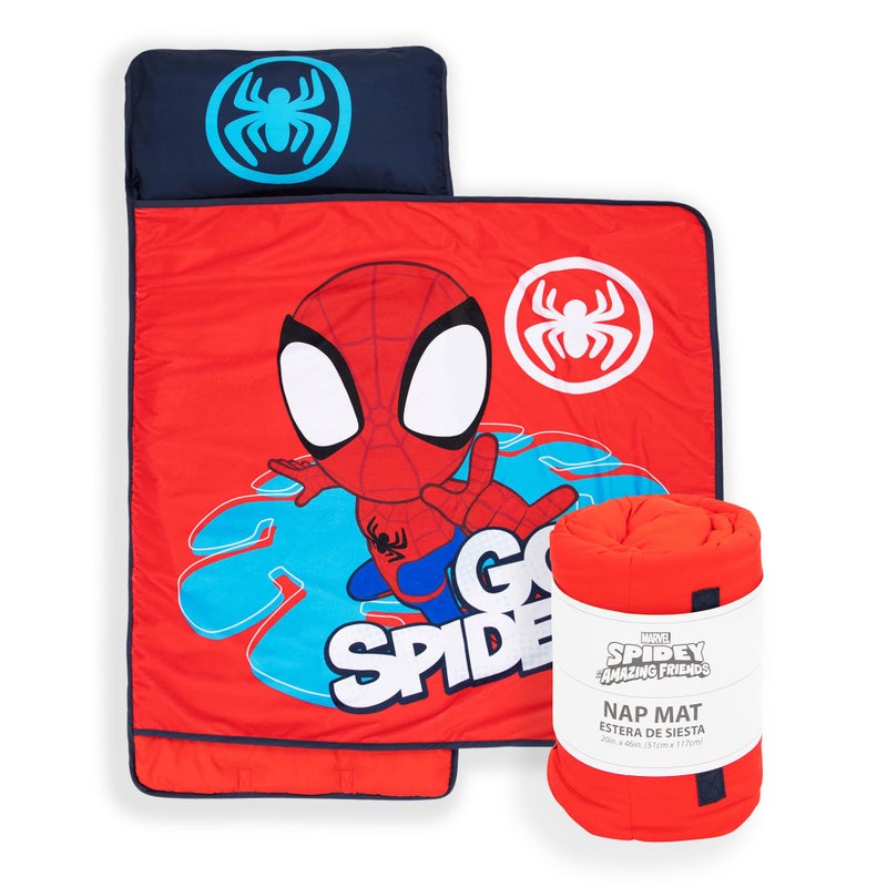 Jay Franco Kids Nap Mat with Embedded Pillow & Blanket â€“ Soft 46"x20" Microfiber Sleeping Bag with Name Tag & Handle Red - Spiderman - Image 1