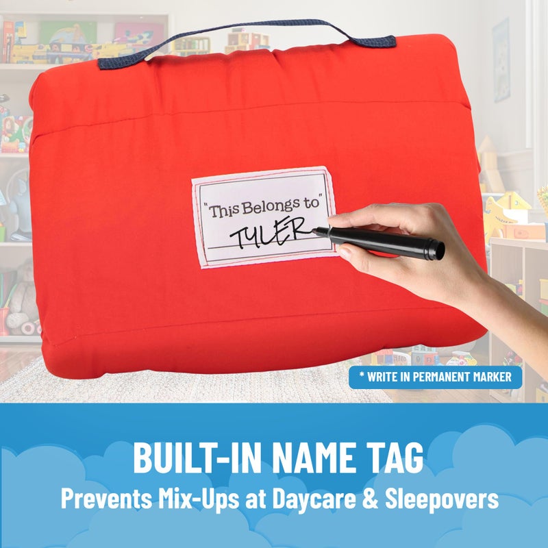 Jay Franco Kids Nap Mat with Embedded Pillow & Blanket â€“ Soft 46"x20" Microfiber Sleeping Bag with Name Tag & Handle Red - Spiderman - Image 5