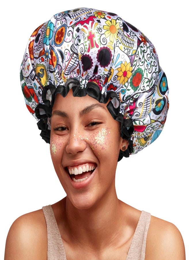 mikimini Shower Cap for Women Reusable Waterproof, Hair Cap for Shower with Double Layers, Stylish Vibrant Designed Shower Bonnet for Medium Thick Hair, Medium, 2 Pieces - Image 1