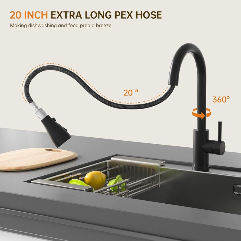 APPASO Black Kitchen Tap for Sink Kitchen Mixer Tap Hot and Cold Modern Pull Down Kitchen Faucet with Sprayer 3 Modes Matte Black Single Handle High Arc Stainless Steel Sink Tap for Kitchen - Image 3