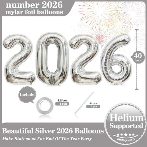 Lovoir 40 Inch Silver Number 2026 Balloons Big Large Size Giant 2026 Number Balloons New Year Foil Helium Silver Balloons for 2026 Happy New Year Eve Celebration Decorations Party Supplies - Image 5