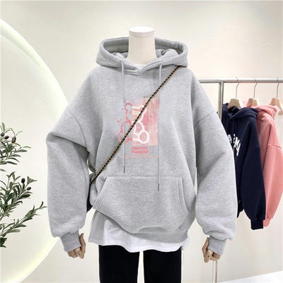 Womens 2024 New Loose BF Lazy Style Autumn and Winter Plus Velvet Jacket oversize Super Hot Hooded Top Trendy 6675* gray {plus velvet}