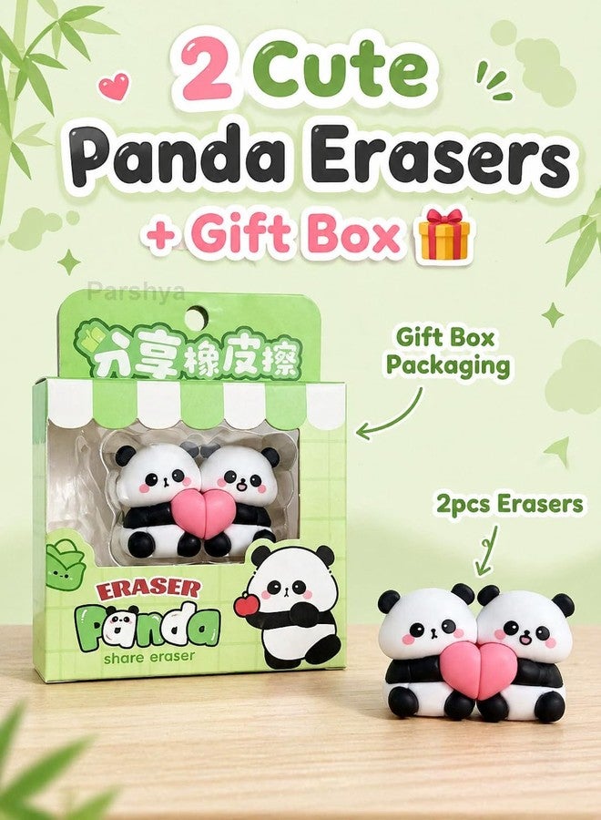 Funspark Cute Paanda Eraser Set (2 Pcs) with Gift Box | Kawaii Split Heart Design | Non-Toxic Soft Rubber Erasers for Kids School Supplies Return Gifts Stationery Items for Girls Boys - Image 2