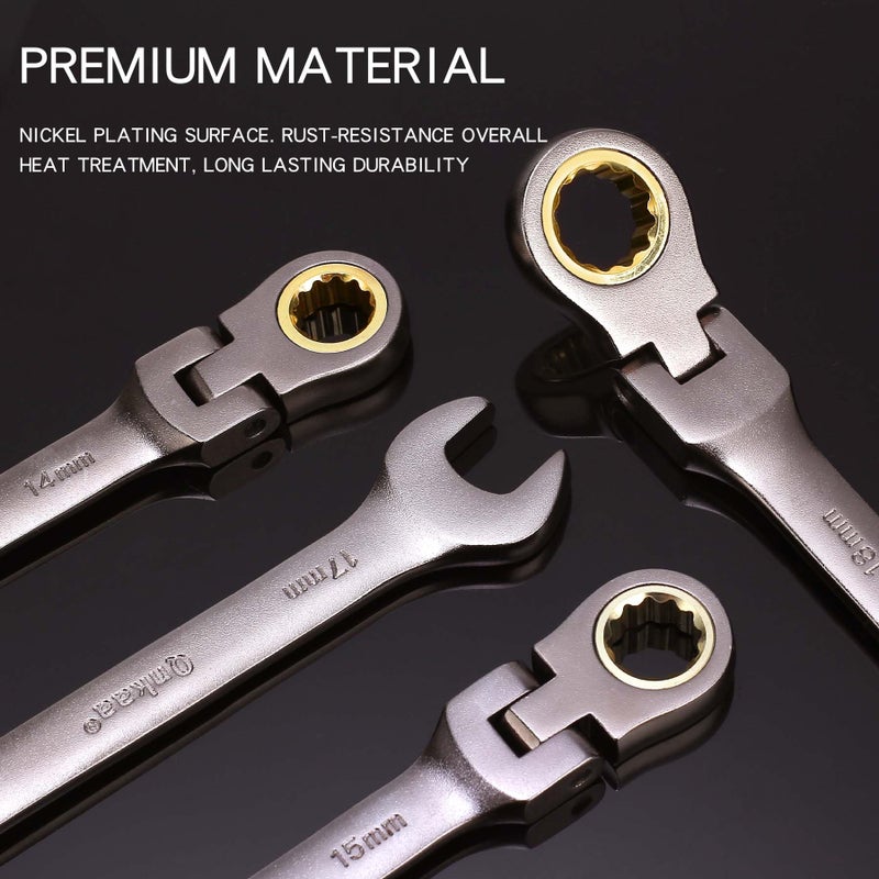 Qnkaa Flexible Ratcheting Wrench Set 12pcs Metric 8-19mm Flex-Head Spanner Gear Ring Ratchet Combination Wrenches Kit with Portable Organizer - Image 3