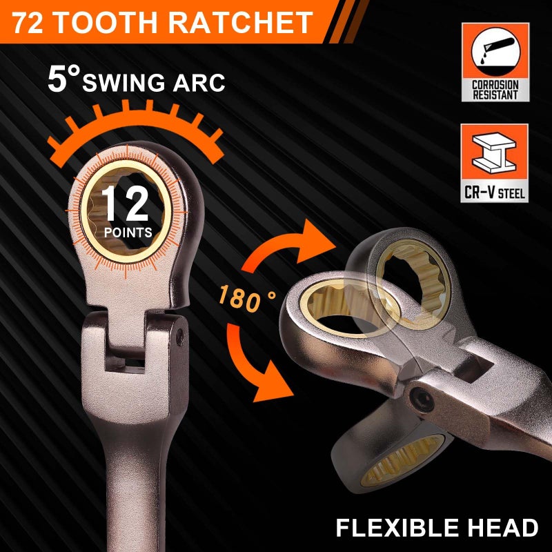 Qnkaa Flexible Ratcheting Wrench Set 12pcs Metric 8-19mm Flex-Head Spanner Gear Ring Ratchet Combination Wrenches Kit with Portable Organizer - Image 2