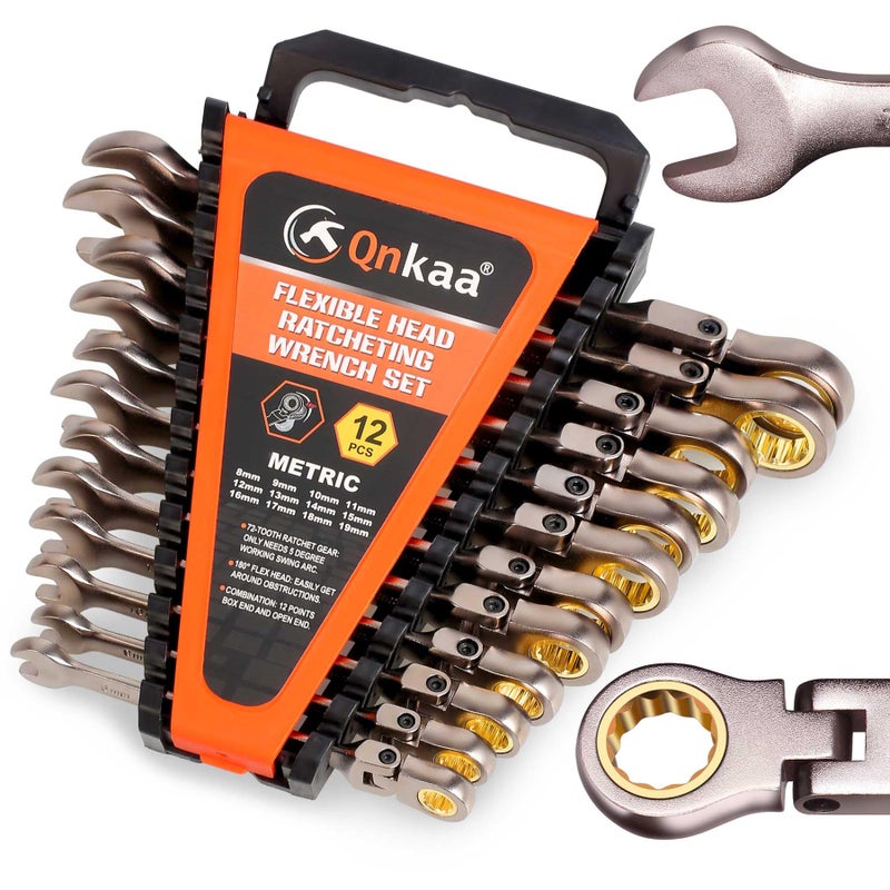 Qnkaa Flexible Ratcheting Wrench Set 12pcs Metric 8-19mm Flex-Head Spanner Gear Ring Ratchet Combination Wrenches Kit with Portable Organizer - Image 1