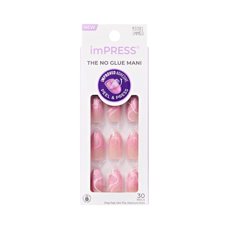 Impress KISS imPRESS No Glue Mani Press On Nails, Design, 'Wild Venus', Pink, Medium Size, Almond Shape, Includes 30 Nails, Prep Pad, Instructions Sheet, 1 Manicure Stick, 1 Mini File - Image 1