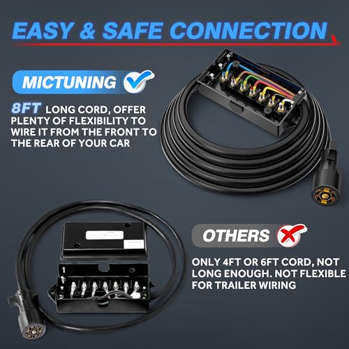 MICTUNING Heavy Duty 7 Way Plug Inline Trailer Cord with 7 Gang Junction Box 8 Feet, Weatherproof - Image 5