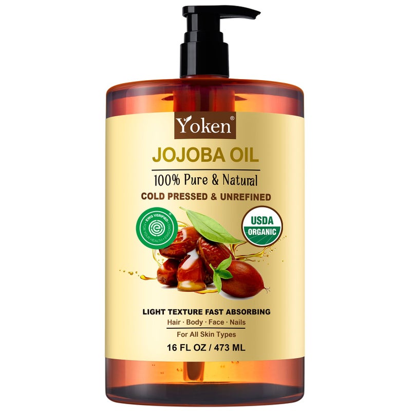 Yoken Pure Jojoba Oil Organic USDA Certified 16 fl oz, 100% Natural Jojoba Oil for Hair, Skin & Face, Cold Pressed Unrefined, Deeply Moisturizing Body Carrier Oils for Essential Oils Mixing - Image 1