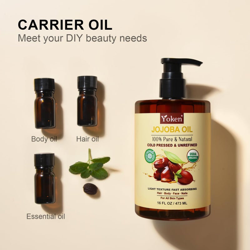 Yoken Pure Jojoba Oil Organic USDA Certified 16 fl oz, 100% Natural Jojoba Oil for Hair, Skin & Face, Cold Pressed Unrefined, Deeply Moisturizing Body Carrier Oils for Essential Oils Mixing - Image 5