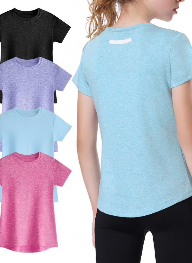 EXARUS 4 Pack Girls Athletic Shirts Quick Dry Short Sleeve Tshirts Crewneck Tee Workout Activewear Tops for Kids 8-16Y Set 4 12Y - Image 1